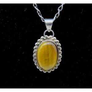 Vintage Native American Style Tiger's Eye Pendant Necklace Sterling Silver